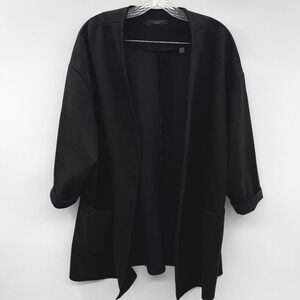 Tahari Woman Black Open Front Blazer Faux Leather Trim Cardigan Jacket XL‎ Layer